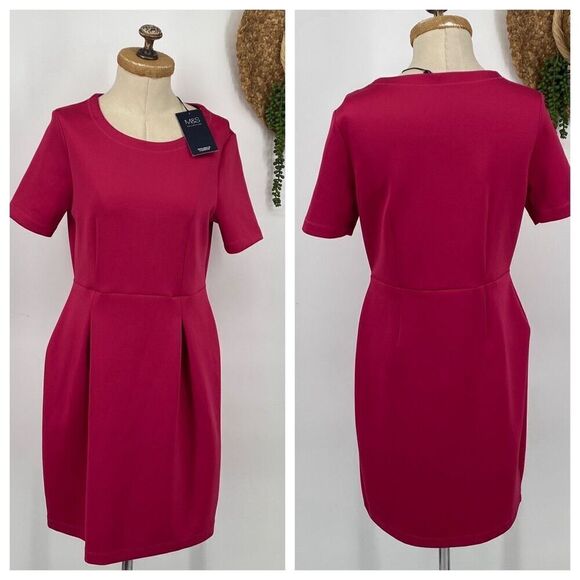 M&S Marks & Spencer Scuba Shift MIDI Dress Fit & Flare Pleated Skirt Short Sleev - Picture 1 of 13